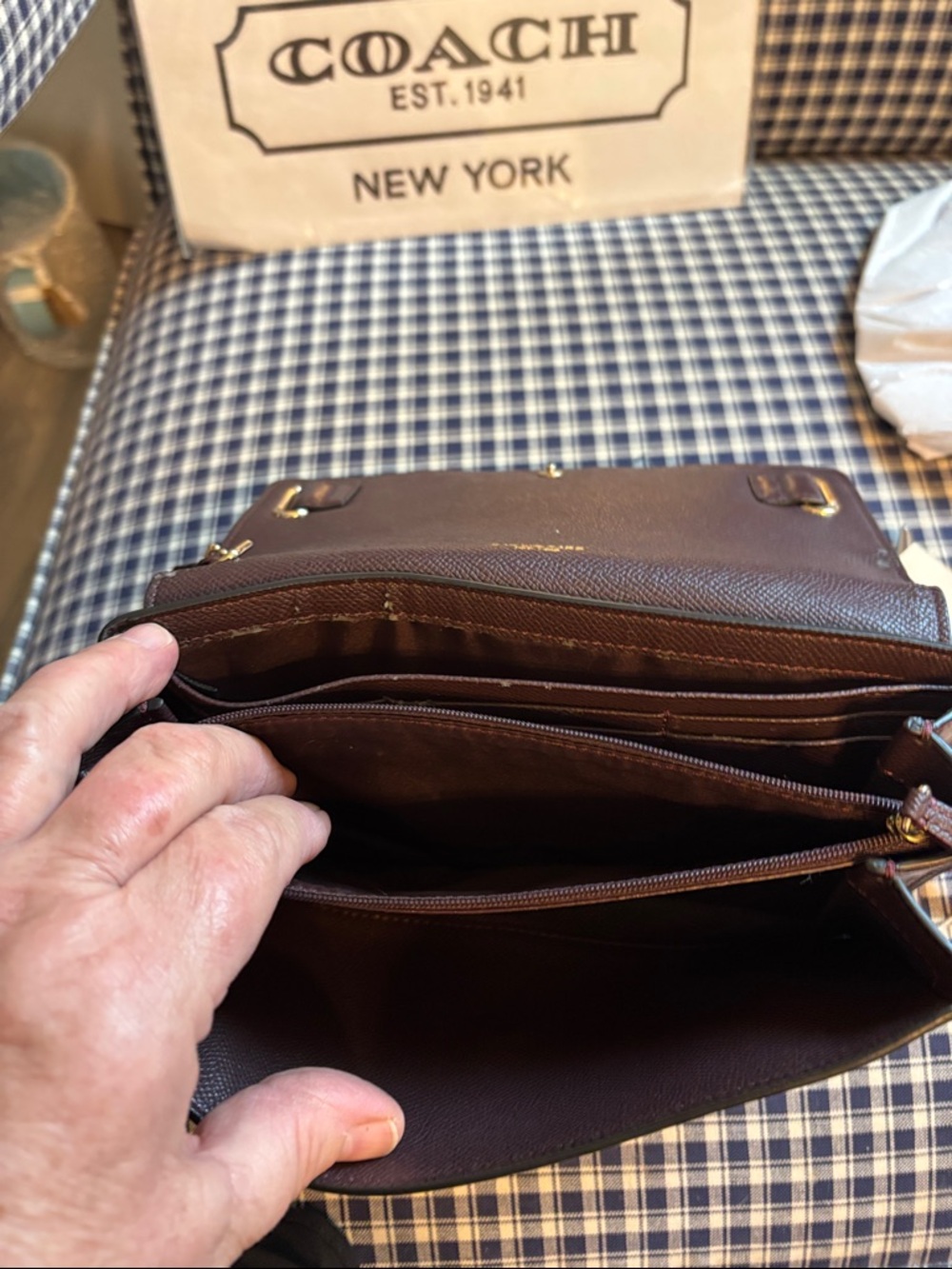 Coach leather and suede patchwork metallic cherry Blake Turnlock clutch - Picture 12 of 14